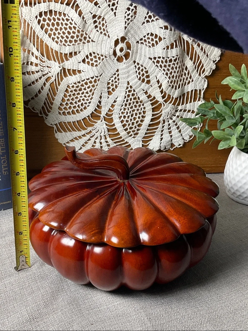 Vintage Carved Wood Pumpkin Lidded Bowl Fall Harvest Decore